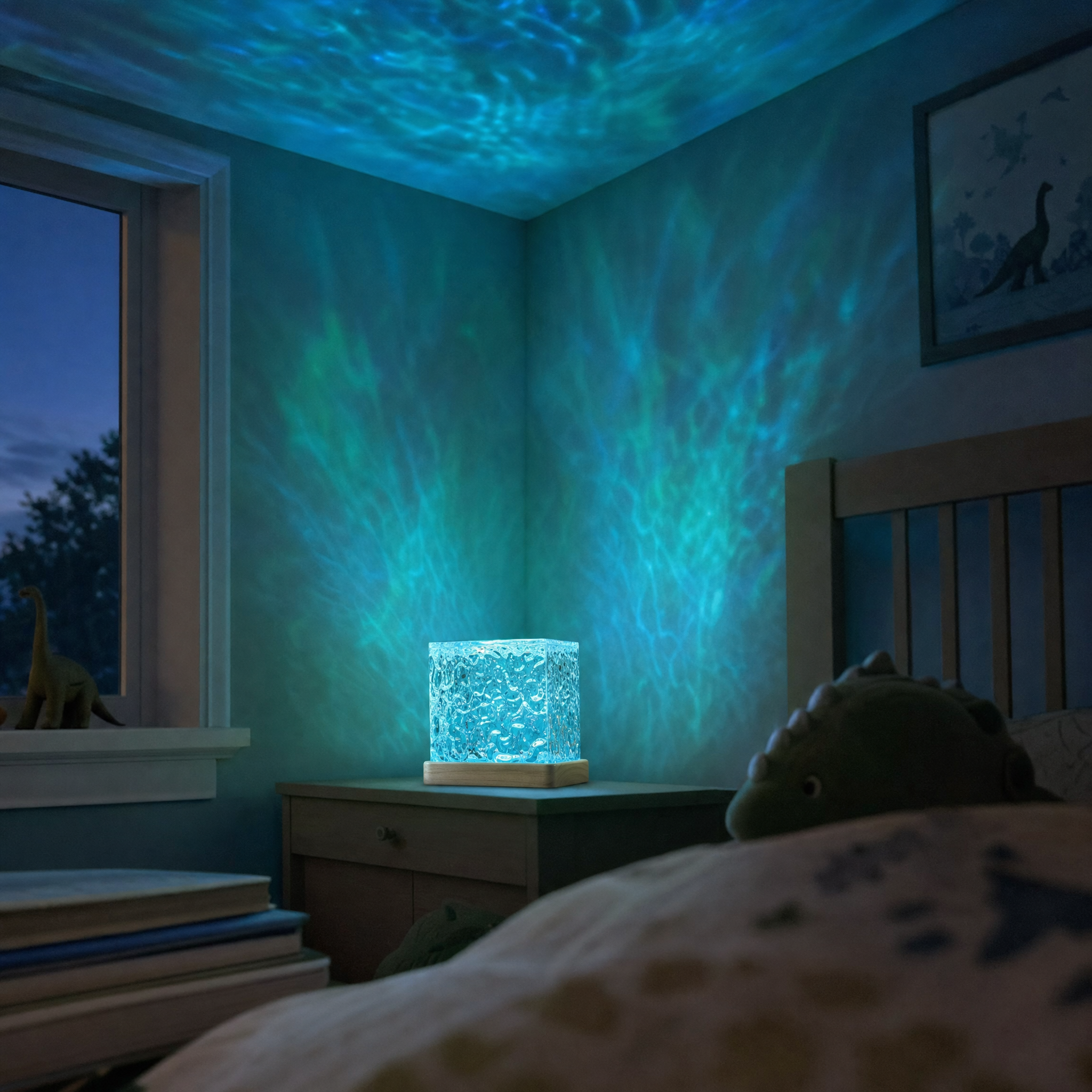 The water ripple projector on a bedside table casting blue caustics across a child's bedroom ceiling at dusk