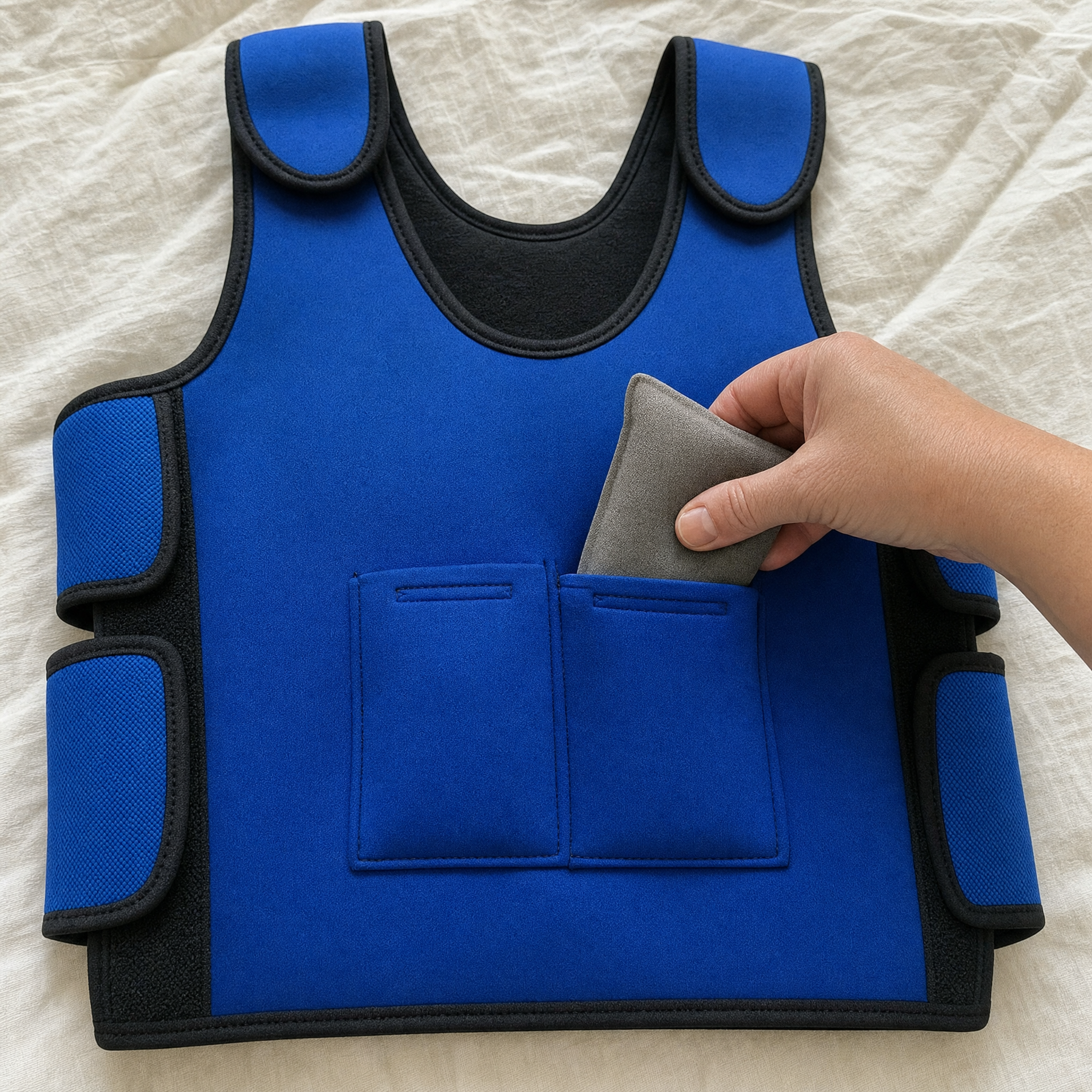 The weighted compression vest laid flat, a weight pouch being slid into a front pocket