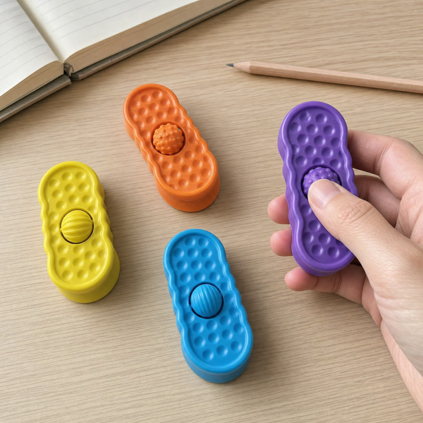The four rotating stone slider fidgets in yellow, orange, blue and purple on a desk beside a notebook