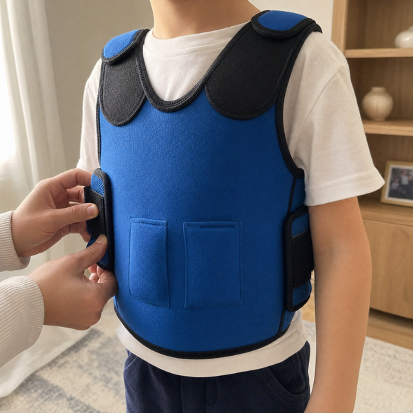 Parent adjusting the side strap of the blue weighted compression vest on a child at home