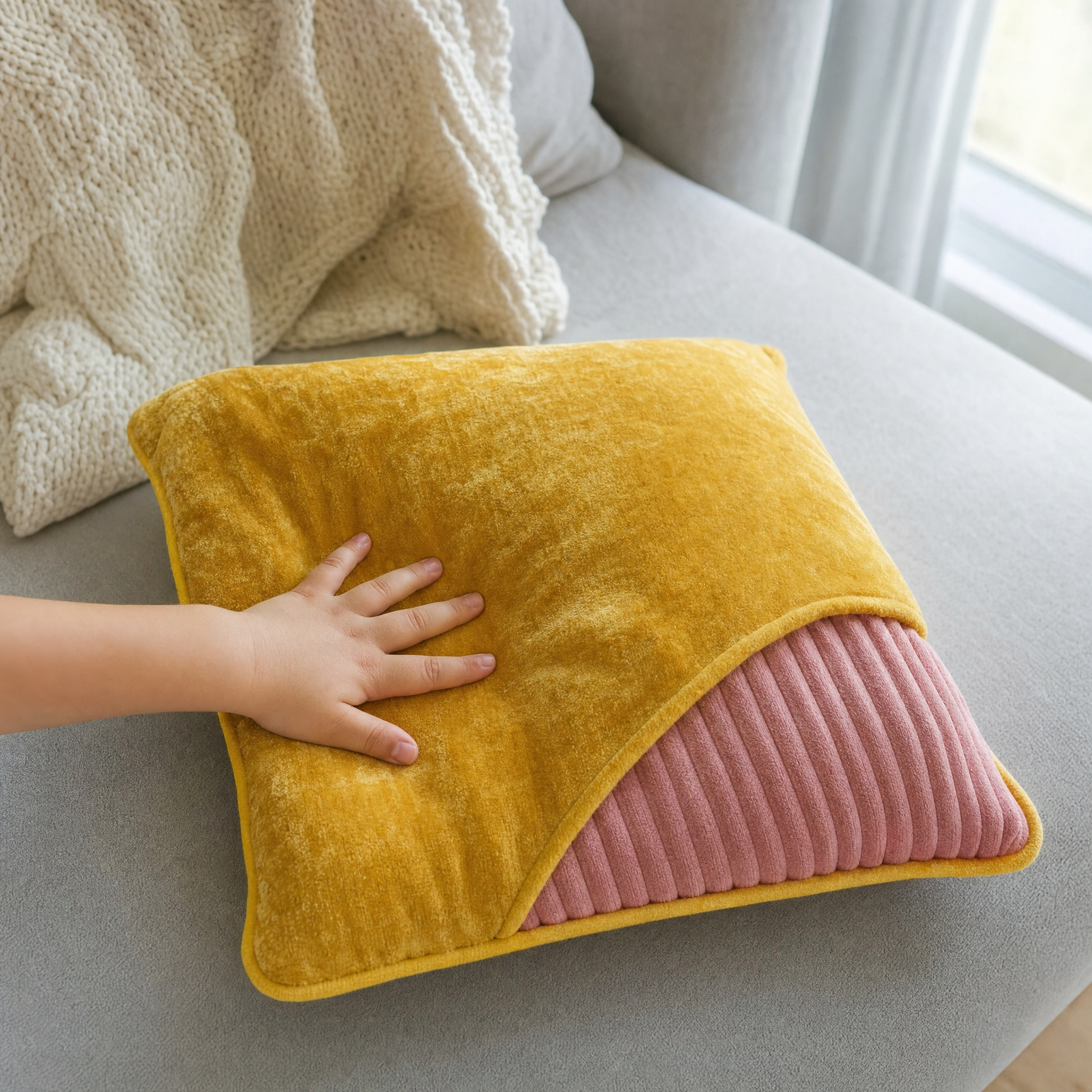 Child's hand pressing the mustard velvet face of the sensory cushion, corner folded back to show the pink corduroy reverse