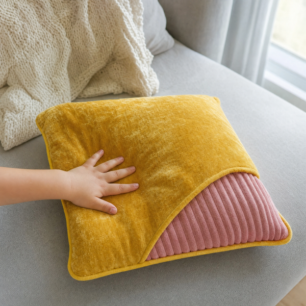 Child's hand pressing the mustard velvet face of the sensory cushion, corner folded back to show the pink corduroy reverse